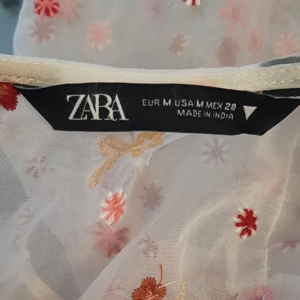 ZARA💐LNWT Chic Sheer White Blouse with Red Floral Embroidery & Faux Pearls Sz M - Picture 8 of 11